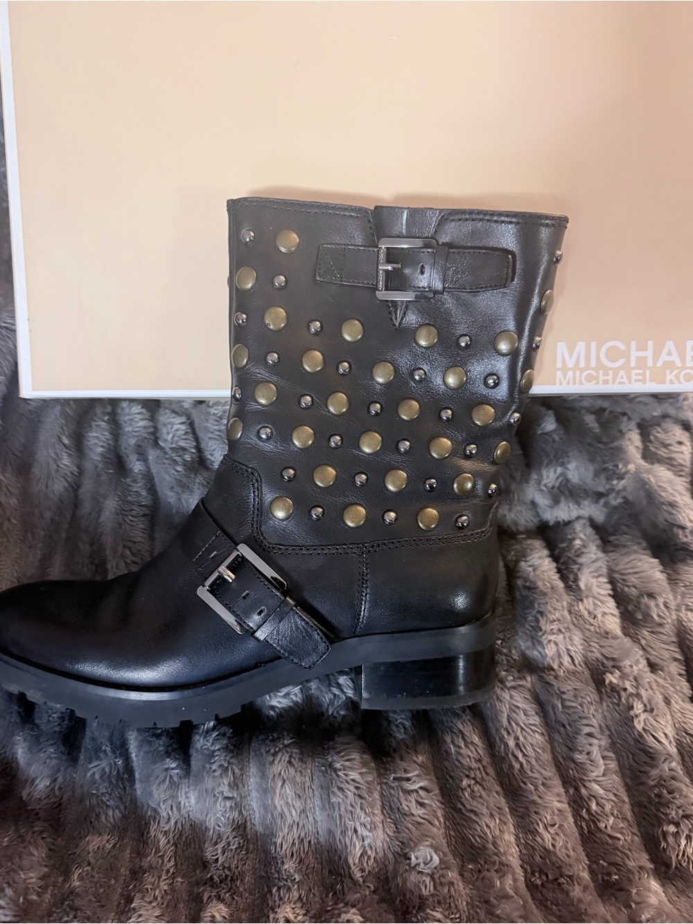 Michael Kors Black Leather Stud-Embellished Mid-Calf Boot